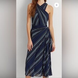 NWT Ralph Lauren Women's Striped Crinkle Georgette Halter Dress Blue Size 2